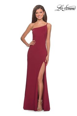 Style 28176 La Femme Red Size 12 Plus Size Burgundy Prom Side slit Dress on Queenly