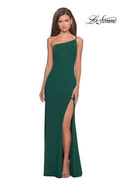 Style 28176 La Femme Green Size 10 Emerald Black Tie Side slit Dress on Queenly