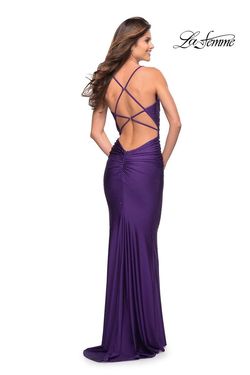 Style 30413 La Femme Purple Size 10 Floor Length Royal Blue Shiny Prom Straight Dress on Queenly