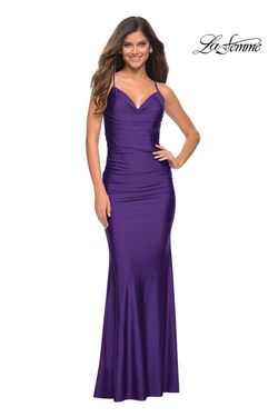 Style 30413 La Femme Purple Size 10 Shiny Floor Length Straight Dress on Queenly