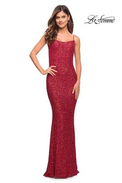 Style 30707 La Femme Red Size 12 Black Tie Floor Length Straight Dress on Queenly