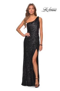 Style 28401 La Femme Black Tie Size 2 Prom One Shoulder Sequined Side slit Dress on Queenly