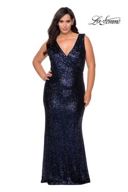 Style 28770 La Femme Blue Size 18 Navy Floor Length Plus Size Straight Dress on Queenly