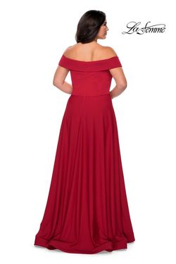 Style 29007 La Femme Red Size 18 Jersey Black Tie Plus Size Side slit Dress on Queenly