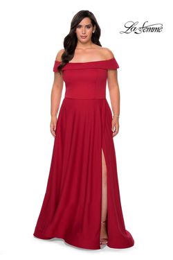 Style 29007 La Femme Red Size 18 Jersey Black Tie Plus Size Side slit Dress on Queenly