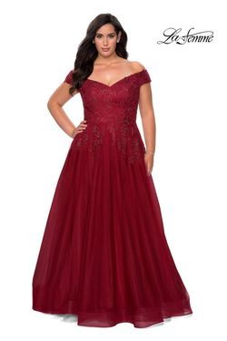 Style 28950 La Femme Red Size 16 Tulle Burgundy Plus Size Side slit Dress on Queenly