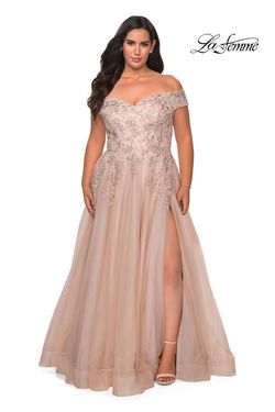 Style 28950 La Femme Gold Size 12 Plus Size Tall Height Pageant Side slit Dress on Queenly