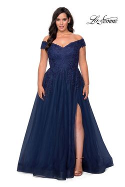 Style 28950 La Femme Blue Size 24 A-line Tulle Plus Size Side slit Dress on Queenly