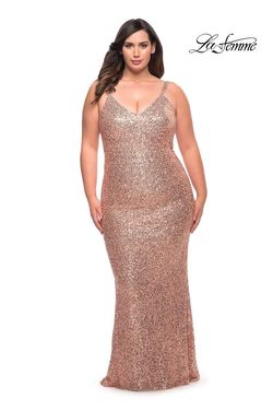 Style 29546 La Femme Gold Size 14 Floor Length Plus Size Straight Dress on Queenly