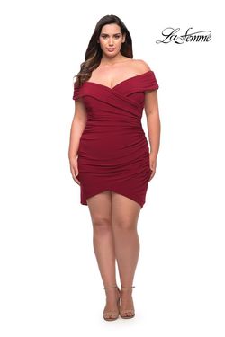 Style 29521 La Femme Red Size 12 Jersey Burgundy Cocktail Dress on Queenly