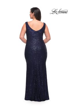 Style 30307 La Femme Blue Size 14 Sequined Navy Side slit Dress on Queenly