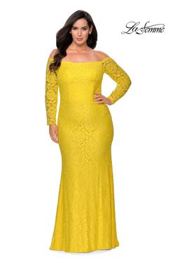 Style 28859 La Femme Yellow Size 14 Floor Length Tall Height Plus Size Straight Dress on Queenly