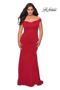 Style 28963 La Femme Red Size 16 Military Jersey Black Tie Plus Size Straight Dress on Queenly