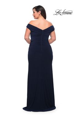 Style 29663 La Femme Blue Size 14 Black Tie Jersey Tall Height Side slit Dress on Queenly