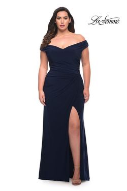 Style 29663 La Femme Blue Size 14 Black Tie Jersey Tall Height Side slit Dress on Queenly