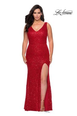 Style 29001 La Femme Red Size 12 Black Tie Floor Length Side slit Dress on Queenly