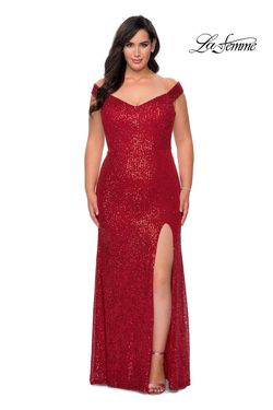 Style 29023 La Femme Red Size 20 Sequined Tall Height Side slit Dress on Queenly