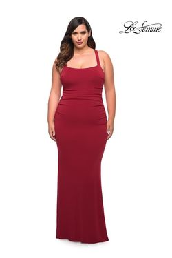 Style 29590 La Femme Red Size 18 Floor Length Jersey Tall Height Straight Dress on Queenly