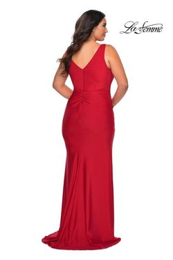 Style 29024 La Femme Red Size 18 Floor Length Jersey Tall Height Side slit Dress on Queenly