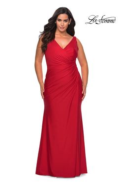 Style 29024 La Femme Red Size 20 Jersey Plus Size Tall Height Side slit Dress on Queenly