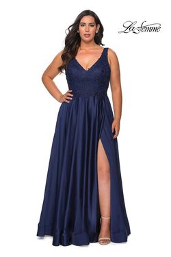 Style 29039 La Femme Blue Size 14 Floor Length Black Tie Tall Height Side slit Dress on Queenly