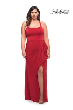 Style 29634 La Femme Red Size 16 Black Tie Tall Height Side slit Dress on Queenly