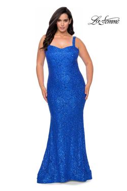 Style 28798 La Femme Royal Blue Size 16 Tall Height Lace Straight Dress on Queenly