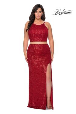 Style 29026 La Femme Red Size 16 Tall Height Sequined Side slit Dress on Queenly