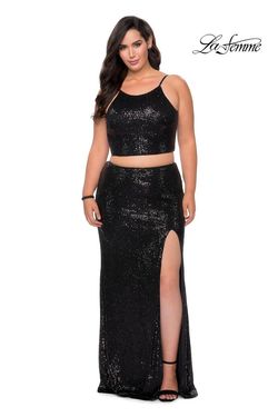 Style 29026 La Femme Black Size 16 Floor Length Plus Size Side slit Dress on Queenly