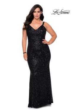 Style 29037 La Femme Black Tie Size 14 Sequined Plus Size Side slit Dress on Queenly
