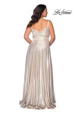 Style 28989 La Femme Silver Size 14 Jersey Floor Length Side slit Dress on Queenly