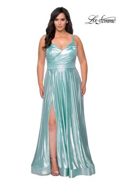Style 28989 La Femme Blue Size 12 Turquoise Floor Length Side slit Dress on Queenly