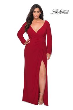 Style 29044 La Femme Red Size 18 Floor Length Jersey Tall Height Side slit Dress on Queenly