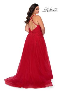 Style 29021 La Femme Red Size 12 Tulle Floor Length A-line Side slit Dress on Queenly