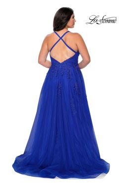 Style 29021 La Femme Royal Blue Size 12 Halter Tall Height Tulle Side slit Dress on Queenly