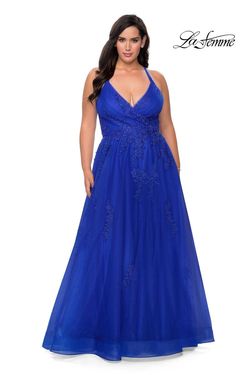 Style 29021 La Femme Royal Blue Size 12 Halter Tall Height Tulle Side slit Dress on Queenly