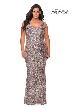 Style 28863 La Femme Silver Size 12 Floor Length Straight Dress on Queenly