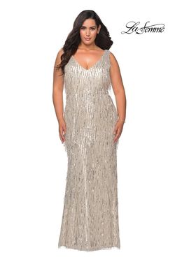 Style 28946 La Femme Silver Size 12 Floor Length Straight Dress on Queenly