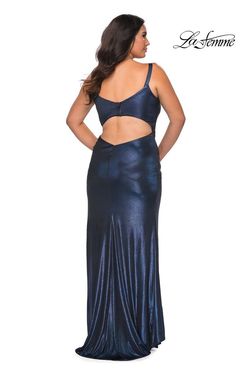 Style 29053 La Femme Blue Size 16 Floor Length Straight Plus Size Side slit Dress on Queenly
