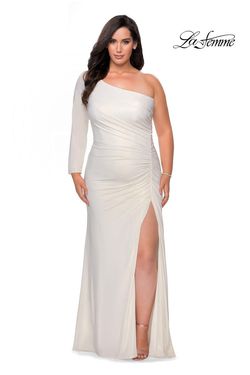 Style 28878 La Femme White Size 20 Straight Tall Height Jersey Shiny Side slit Dress on Queenly