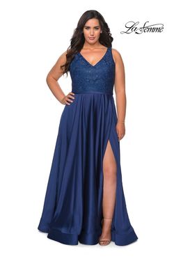 Style 29004 La Femme Blue Size 14 Floor Length Black Tie Tall Height Side slit Dress on Queenly