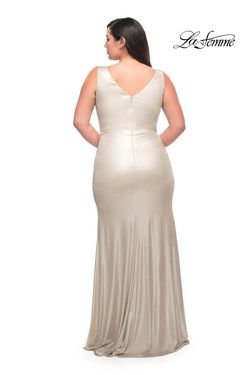 Style 30267 La Femme Silver Size 14 Shiny Tall Height Side slit Dress on Queenly