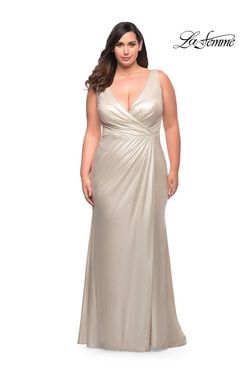 Style 30267 La Femme Silver Size 14 Shiny Floor Length Side slit Dress on Queenly