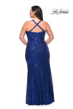 Style 29579 La Femme Blue Size 12 Sequined Black Tie Side slit Dress on Queenly