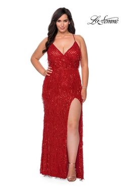 Style 29013 La Femme Red Size 20 Sequined Tall Height Side slit Dress on Queenly