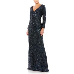 Mac Duggal Blue Size 8 Floor Length Long Sleeve Sequined Jersey Train Dress on Queenly