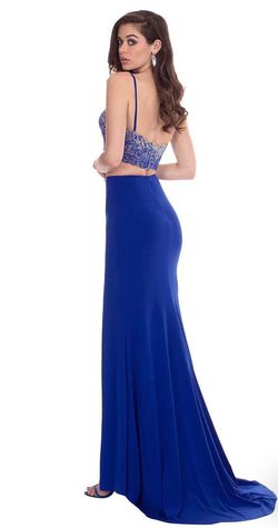 Style 6599 Rachel Allan Blue Size 12 Jewelled Spaghetti Strap Halter Side slit Dress on Queenly