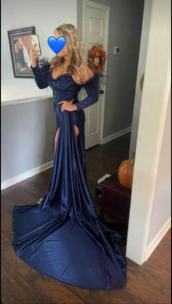 Style 55170 Sherri Hill Blue Size 6 Strapless Prom Jewelled Train Side slit Dress on Queenly