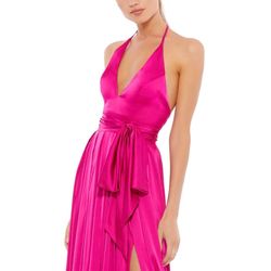 Mac Duggal Pink Size 2 Floor Length V Neck Satin Plunge Side slit Dress on Queenly
