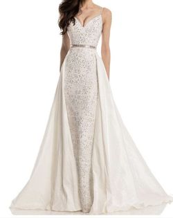 Style 7242 Johnathan Kayne White Size 00 Plunge Medium Height Pageant Train Dress on Queenly
